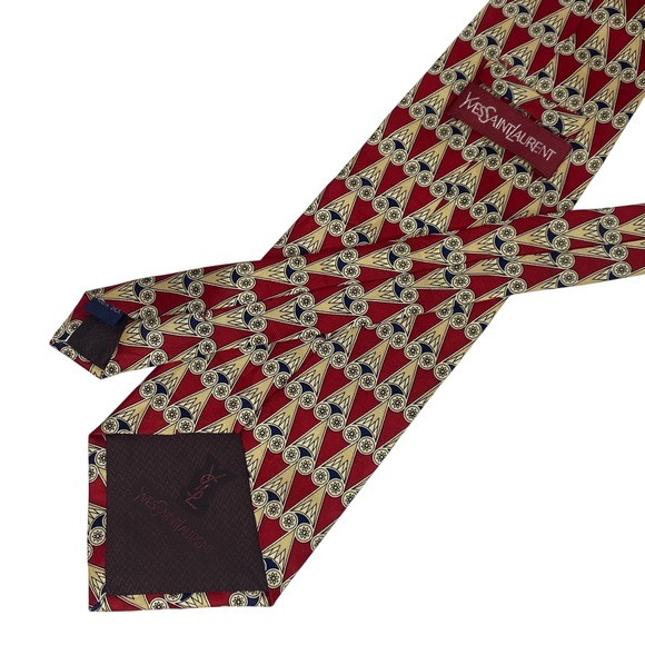 YVES SAINT LAURENT Necktie Mens Silk Red Gold Geometric Designer 57x4 Artsy - Picture 3 of 6